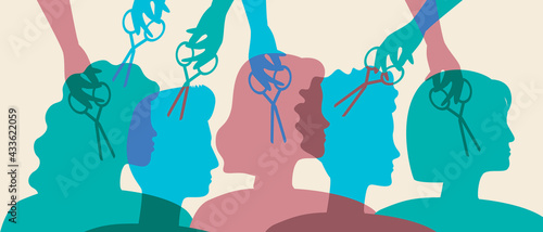 Service in a hairdressing salon, people isolated, silhouette vector stock illustration with tools of the master, scissors and satisfied clients in a hairdressing salon