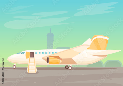 cartoon plane with stairs waiting to board at the airport, vector illustration