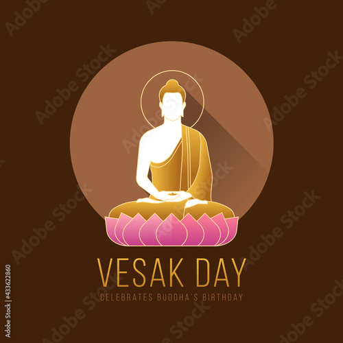 Vesak day banner with modern The Lord Buddha meditated on lotus sign in brown circle and dark brown background vector design