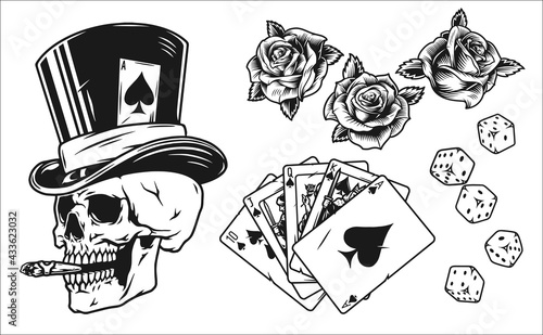 Obraz na plátně Vintage monochrome gambling elements set