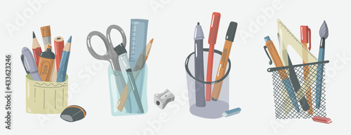 Desk organizer for utilities. Organizer office and school supplies. Flat design. Writing equipment. pen, pencil and ruler holder. All you need for school. Cartoon