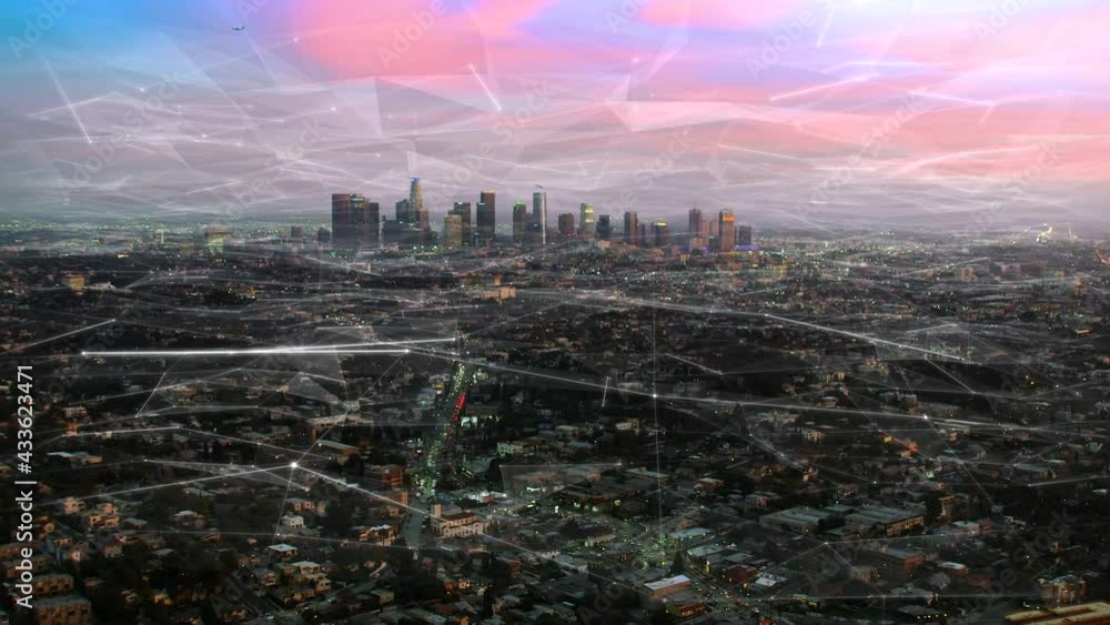 Downtown Los Angeles at sunset connected aerial view. Famous skyscrapers with futuristic network. California, United States.
Downtown Los Angeles at sunset connected aerial view. Famous skyscrapers with futuristic network. California, United States.