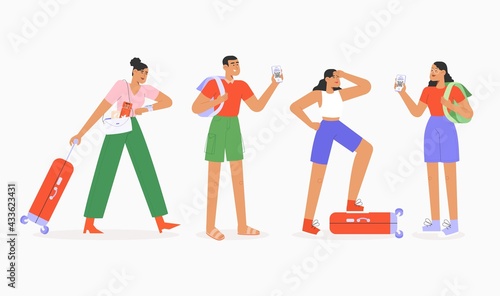 Set of tourists on vacation. Travel abroad or summer vacation trip or seasonal recreation. Travel during the pandemic.