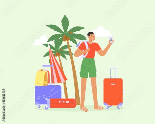 Male character with suitcase goes on a trip. Concept of a health passport or Covid19 vaccination pass. Summer vacation trip or seasonal recreation. Travel during the pandemic.