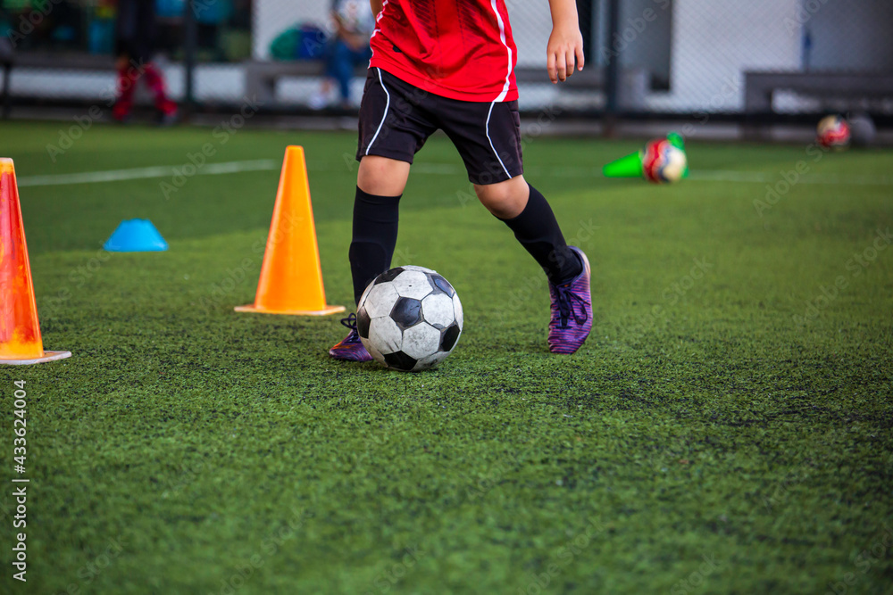 Soccer ball tactics on grass field with cone for training background Training children in Soccer Soccer ball tactics on grass field with cone for training background Training children in Soccer