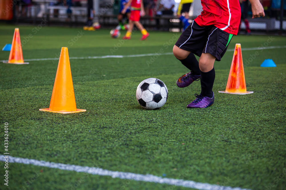 Soccer ball tactics on grass field with cone for training background Training children in Soccer Soccer ball tactics on grass field with cone for training background Training children in Soccer