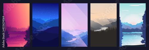 Collection of mountain and river landscapes for banner, web site, social media. Editable vector illustration with summer night and morning beautiful scenery