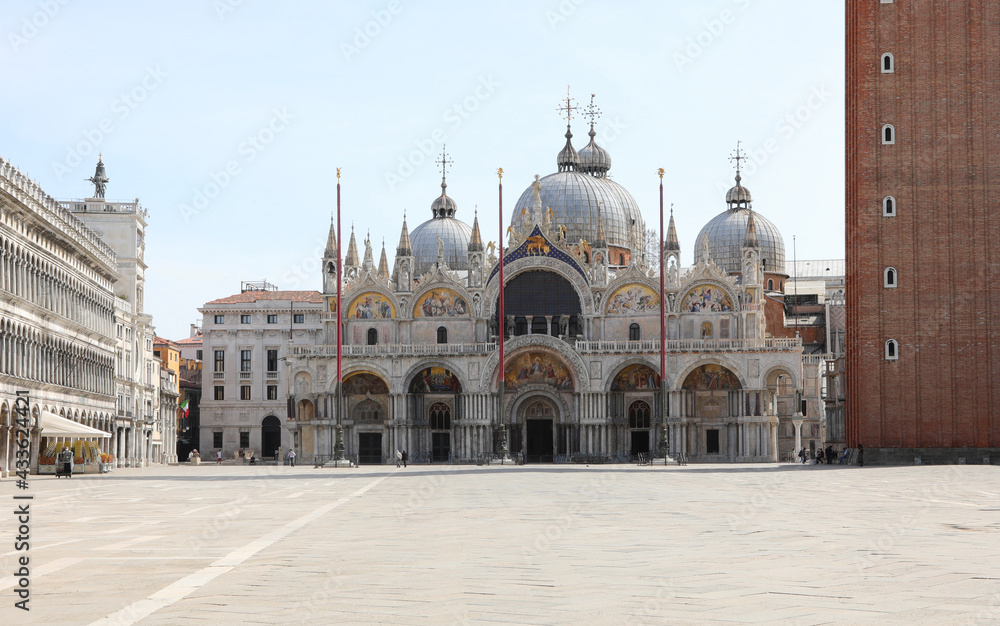 Saint Mark Square also called Piazza San Marco in Venice with very few people during the lockdown