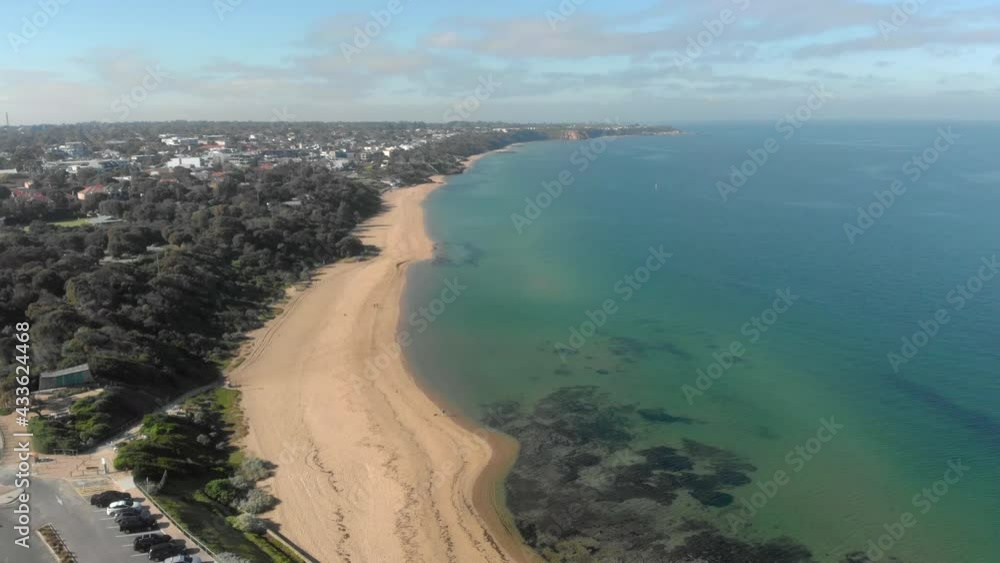 Sandringham beach, aerial descends to reveal car park overlooking vista, Port Phillip Bay, Melbourne, Australia Sandringham beach, aerial descends to reveal car park overlooking vista, Port Phillip Bay, Melbourne, Australia