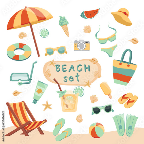 Set of summer beach objects. Collection of flat vector elements for beach holidays. Isolated on white background.