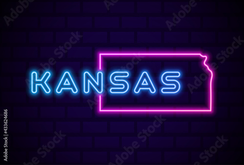 kansas US state glowing neon lamp sign Realistic vector illustration Blue brick wall glow