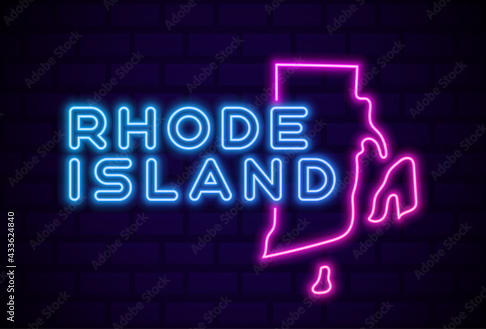 rhode island US state glowing neon lamp sign Realistic vector illustration Blue brick wall glow rhode island US state glowing neon lamp sign Realistic vector illustration Blue brick wall glow