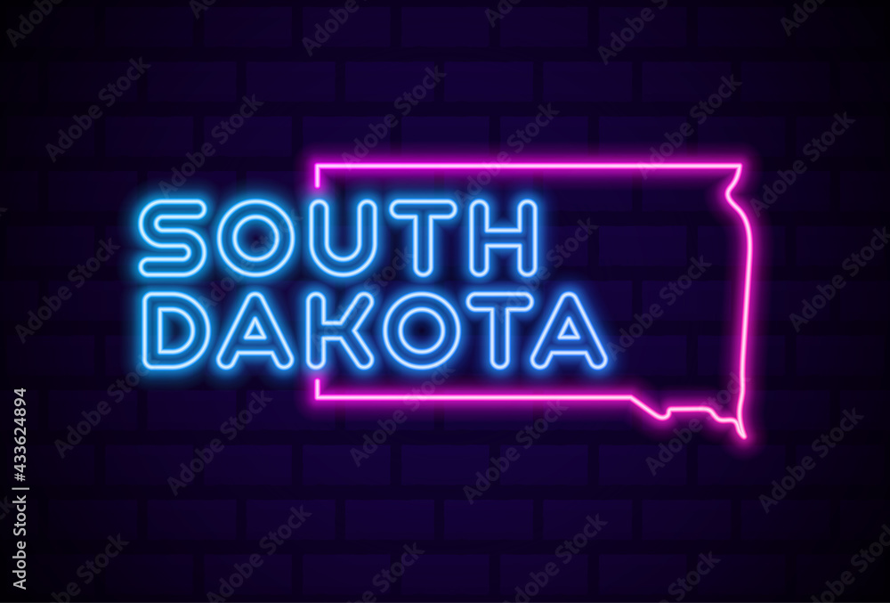 south dakota US state glowing neon lamp sign Realistic vector illustration Blue brick wall glow south dakota US state glowing neon lamp sign Realistic vector illustration Blue brick wall glow