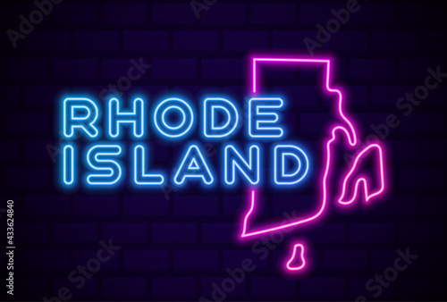 rhode island US state glowing neon lamp sign Realistic vector illustration Blue brick wall glow