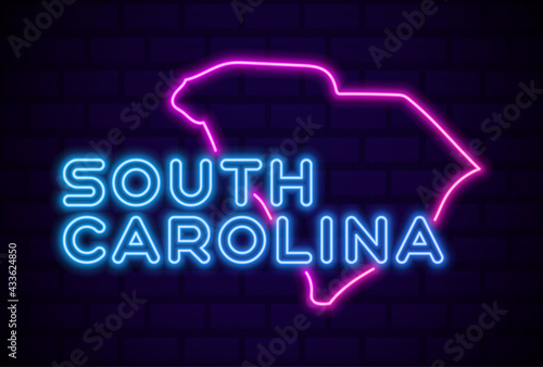 south carolina US state glowing neon lamp sign Realistic vector illustration Blue brick wall glow