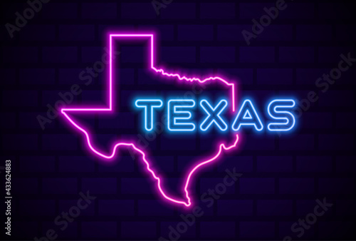 texas US state glowing neon lamp sign Realistic vector illustration Blue brick wall glow