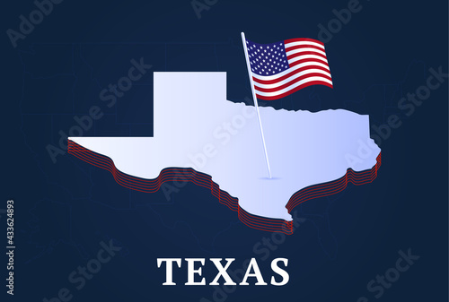 texas state Isometric map and USA national flag 3D isometric shape of us state Vector Illustration