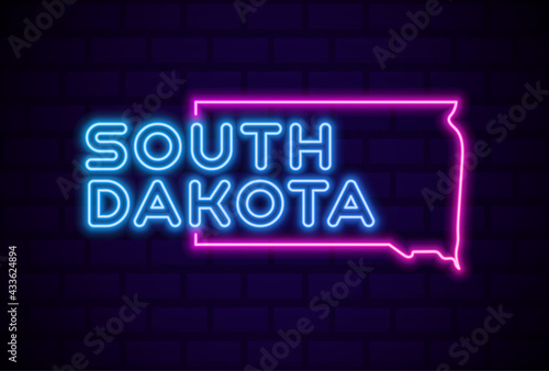 south dakota US state glowing neon lamp sign Realistic vector illustration Blue brick wall glow