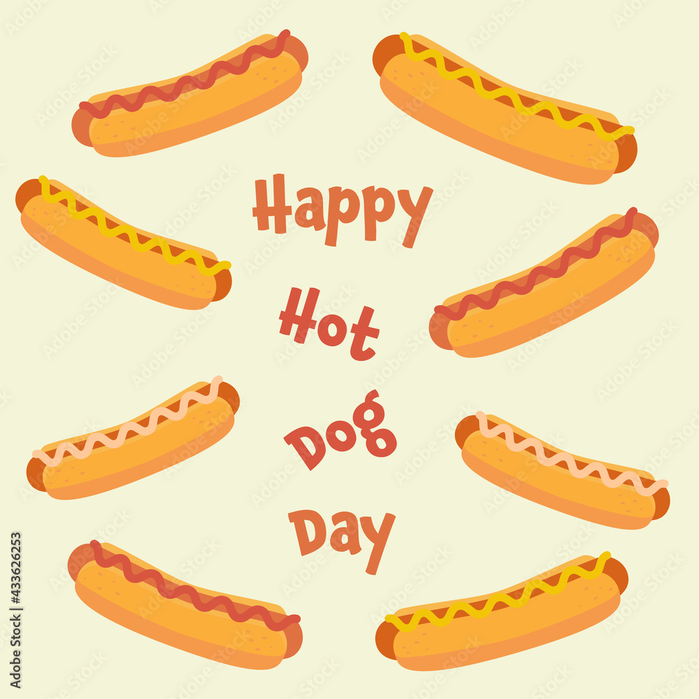 National Hot dog Day Vector Illustration. Template for your design: postcard, card, invitation, banner, badge. National Hot dog Day Vector Illustration. Template for your design: postcard, card, invitation, banner, badge.