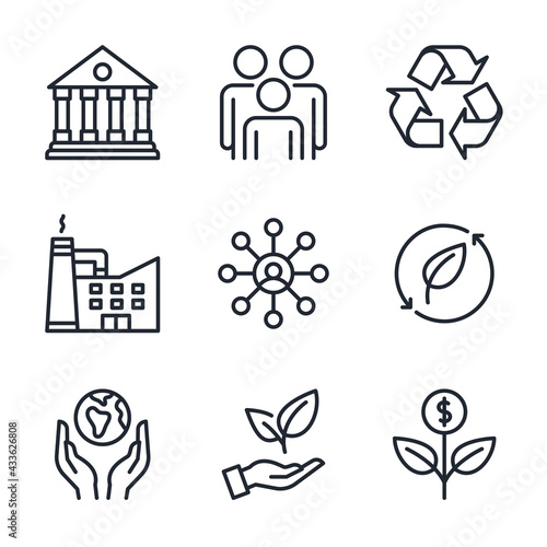 ESG concept. Environmental, social, and corporate governance related editable stroke outline icons set  isolated on white background flat vector illustration. Pixel perfect. 64 x 64.