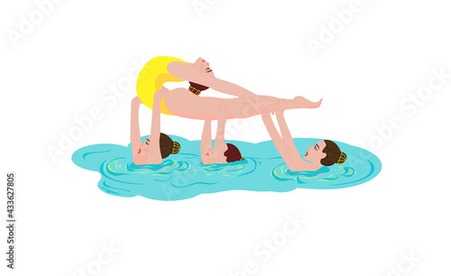 Sportswomen in yellow swimsuits. Sportswomen perform a beautiful choreographic element of synchronized swimming. Concept. Water sports. Cartoon style. Isolated vector illustrations.