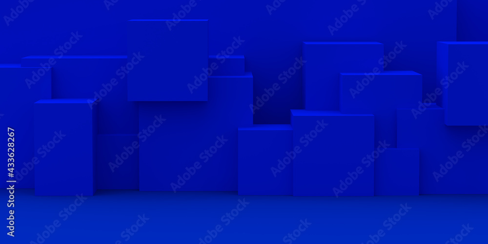 Trendy concept in blue: 3D rendered abstract shapes in different blue shades as background with copy space. Geometric patterns. Product presentation. Modern blank digital scene as template. Trendy concept in blue: 3D rendered abstract shapes in different blue shades as background with copy space. Geometric patterns. Product presentation. Modern blank digital scene as template.