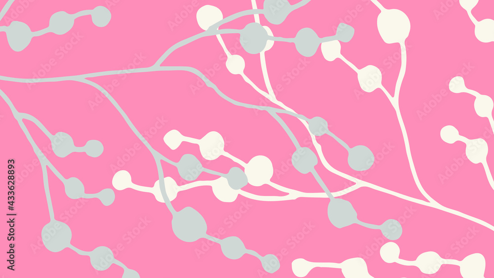 Fototapeta premium Thumbnail background with hand-drawn leaves in grey and pink colors