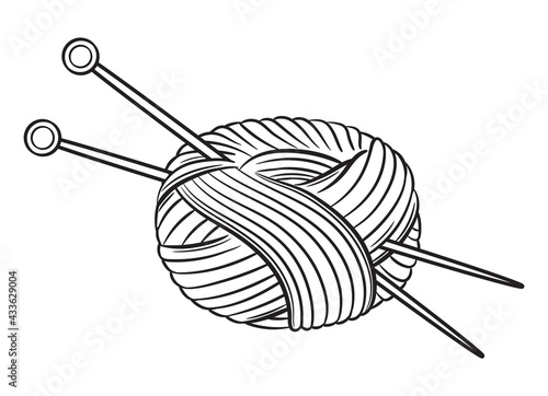 Skein of thread or yarn with knitting needles icon. Handmade knit. Ball wool or soft cotton fiber. Needlework hobby, sewing clothing. Create knitwear by hand.  Isolated black outline vector drawing