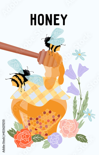 Card or banner design with honey, flowers and bees, flat vector illustration. Honey producing, beekeeping and apiary farm products promotion. Template for bee production.
