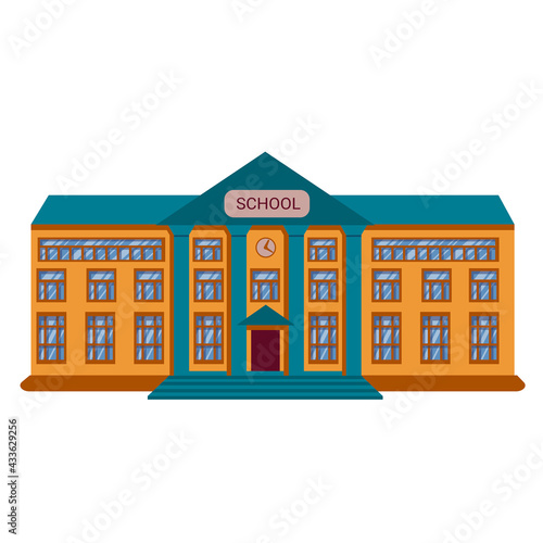 A three-storey school in a classical building. The school building is in a flat cartoon style. Vector illustration. the color icon of the infographic of the city is isolated on a white background