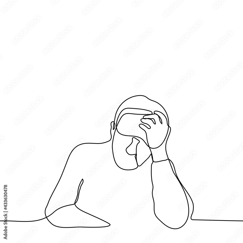 man suffers from headache or insomnia - one line drawing. a man sits with his head resting on his hand, a bandage for sleeping on his forehead. insomnia, nervous anxiety, migraine, sleep disturbance man suffers from headache or insomnia - one line drawing. a man sits with his head resting on his hand, a bandage for sleeping on his forehead. insomnia, nervous anxiety, migraine, sleep disturbance