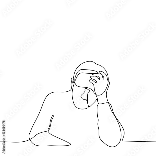man suffers from headache or insomnia - one line drawing. a man sits with his head resting on his hand, a bandage for sleeping on his forehead. insomnia, nervous anxiety, migraine, sleep disturbance