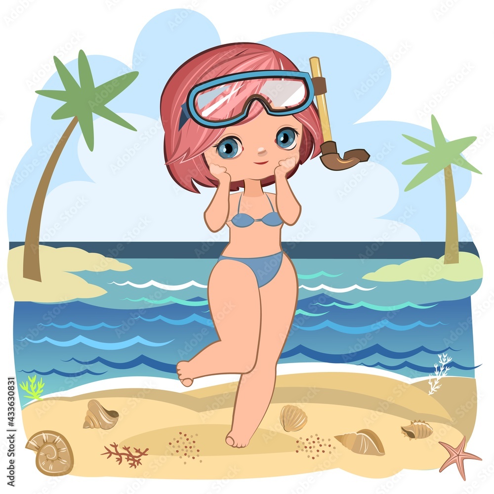 Little girl in a beach swimsuit. Flirts. Handsome fashionable child. The isolated object on a white background. Vector illustration