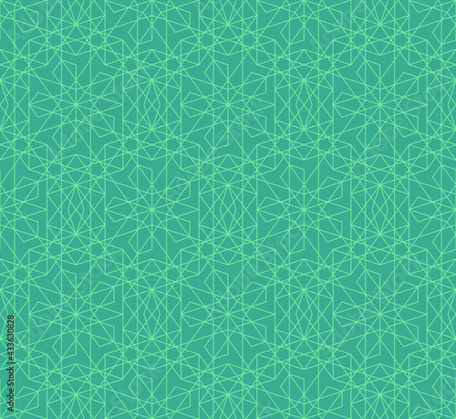 Mosaic seamless pattern with geometric outline ornament in Islamic style.Girih mint background.Vector illustration