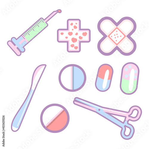 Medical stuff set yami kawaii style for print. Street wear pattern. Cartoon vector cute illustration. Modern concept. Colorful art isolated on white background. Trendy backdrop, creative design photo