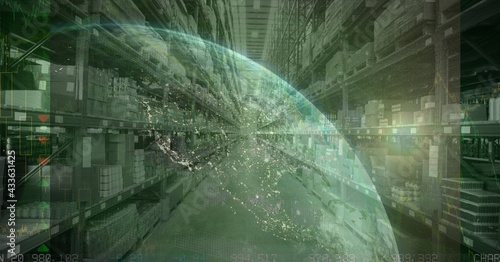 Composition of financial data processing with globe over stacked up shelves in warehouse