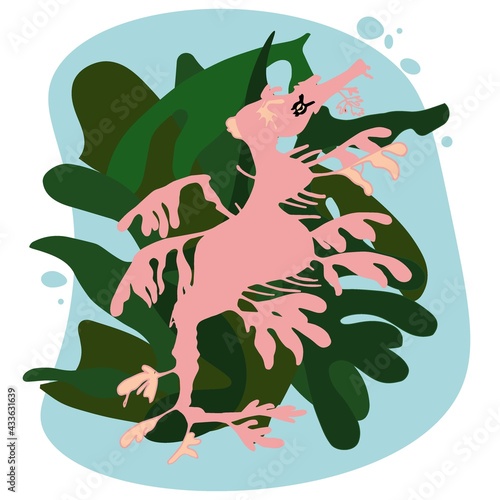 Pink seahorse Phyllopteryx eques in sea green algae on the seabed underwater coral reef. Spot modern style, flat illustration. Use for stickers, print, fabric, social media. Vector EPS10