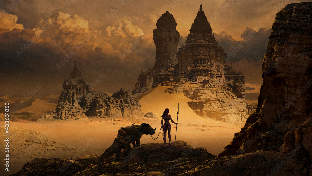 Fantasy art landscape with desert temple - digital illustration Stock ...
