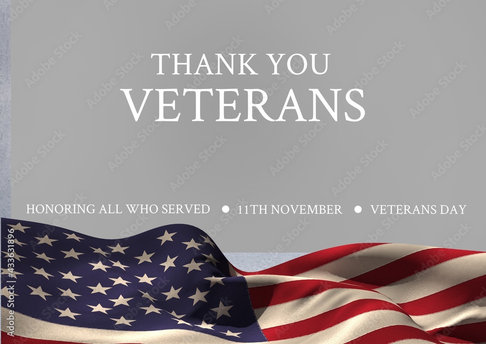 Naklejka premium Thank you veterans over american flag waving, veterans day and patriotism concepts