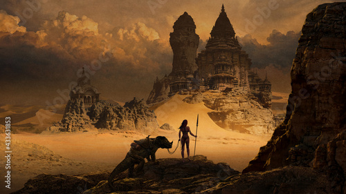 Foto Fantasy art landscape with desert temple - digital illustration