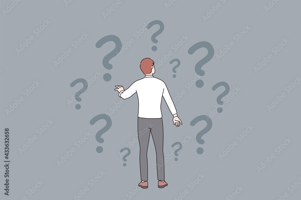 Doubt, question, uncertain concept. Young frustrated businessman standing backwards and feeling doubt with question signs above vector illustration Doubt, question, uncertain concept. Young frustrated businessman standing backwards and feeling doubt with question signs above vector illustration