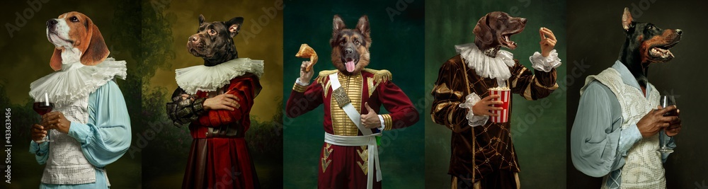 Models like medieval royalty persons in vintage clothing headed by dog's heads on dark vintage background. - obrazy, fototapety, plakaty 