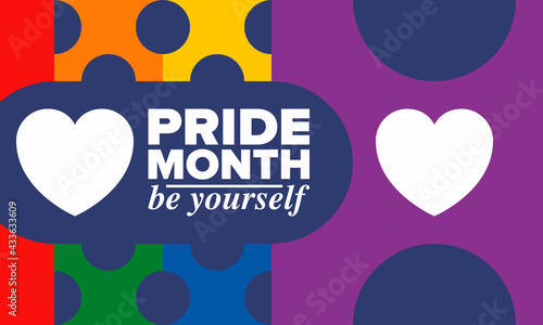 LGBTQIA Pride Month in June. Lesbian Gay Bisexual Transgender. Celebrated annual. LGBT flag. Rainbow love concept. Human rights and tolerance. Poster, card, banner and background. Vector illustration