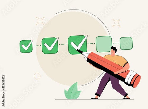 Project tracking, goal tracker, task completion or checklist to remind project progress concept, businessman project