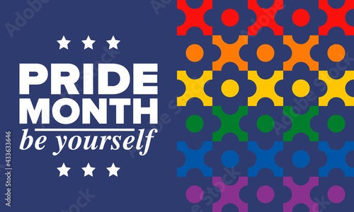 LGBTQIA Pride Month in June. Lesbian Gay Bisexual Transgender. Celebrated annual. LGBT flag. Rainbow love concept. Human rights and tolerance. Poster, card, banner and background. Vector illustration