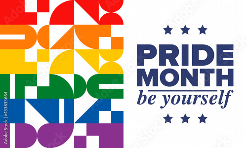 LGBTQIA Pride Month in June. Lesbian Gay Bisexual Transgender. Celebrated annual. LGBT flag. Rainbow love concept. Human rights and tolerance. Poster, card, banner and background. Vector illustration