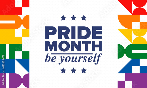 LGBTQIA Pride Month in June. Lesbian Gay Bisexual Transgender. Celebrated annual. LGBT flag. Rainbow love concept. Human rights and tolerance. Poster, card, banner and background. Vector illustration