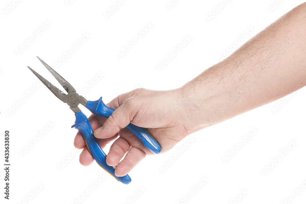 Hand holds pliers on a white background, template for designers. Hand holds pliers on a white background, template for designers.