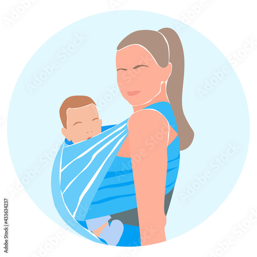Happy Mom with little baby boy in a blue sling. Minimalist portrait avatar. Love and care concept. Vector flat modern illustration