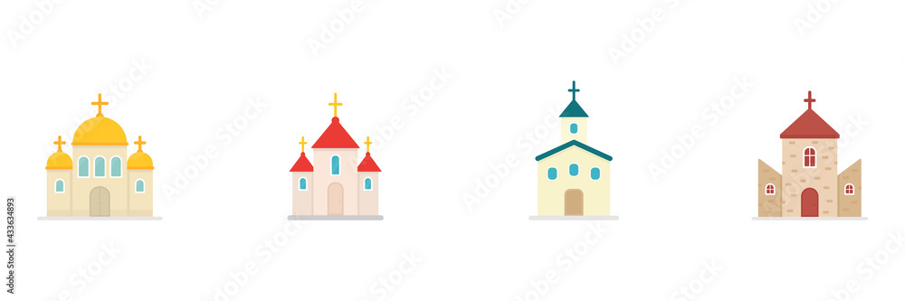 Church flat icon set. Church colorful symbol. Holy place silhouette buildings collection. Vector isolated on white. Church flat icon set. Church colorful symbol. Holy place silhouette buildings collection. Vector isolated on white.